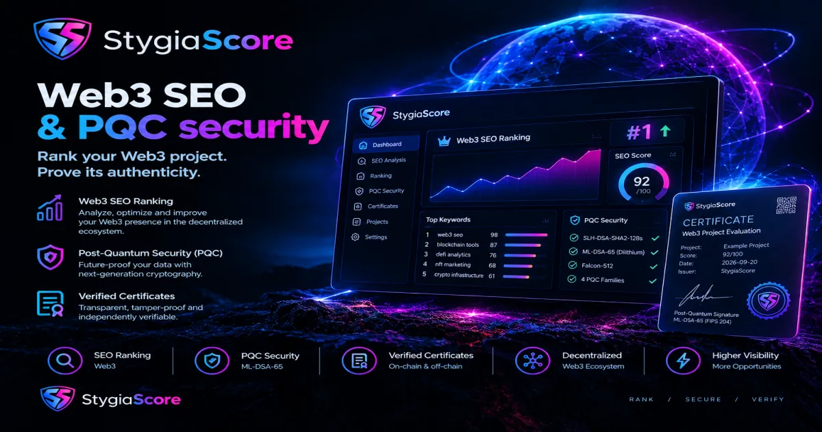 StygiaScore Web3 SEO ranking dashboard next to a certificate signed with ML-DSA-65